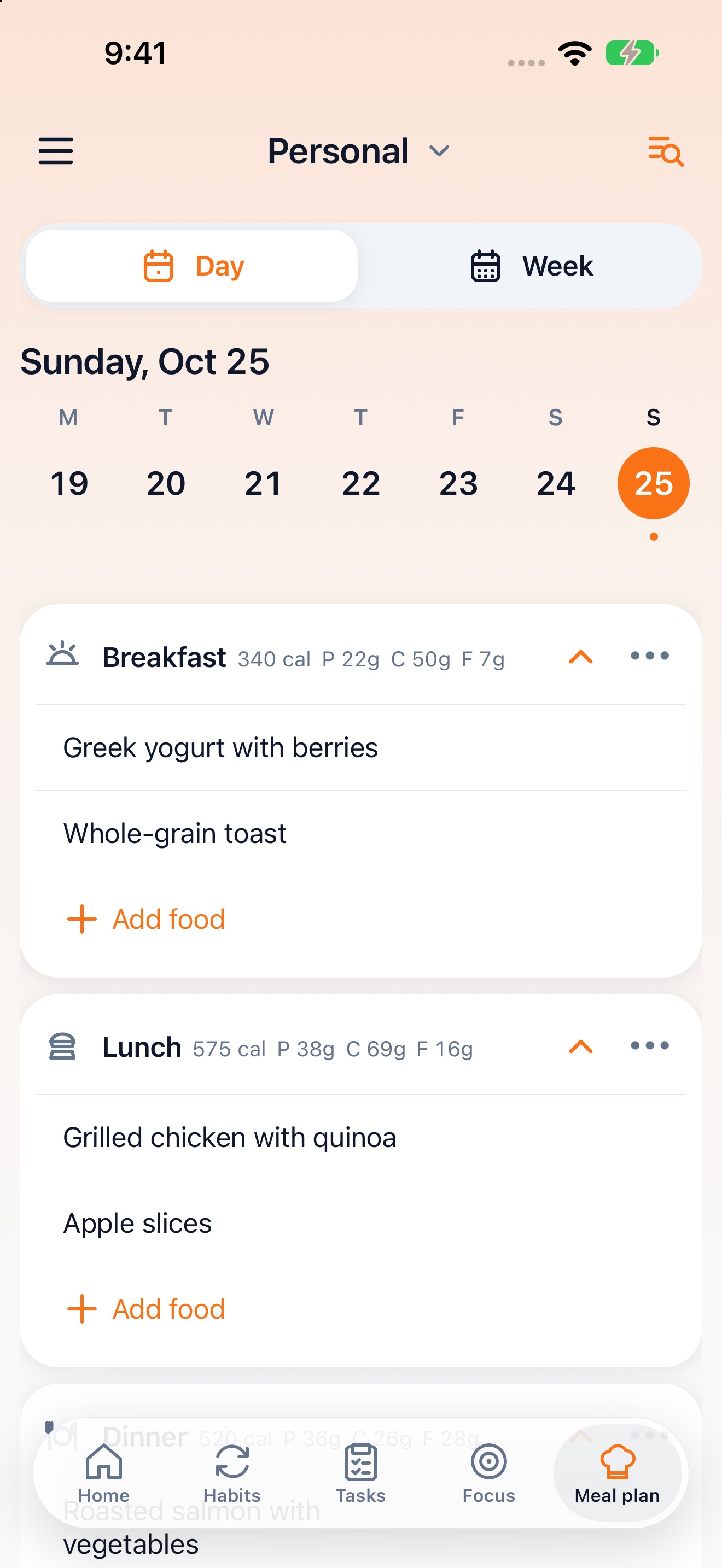 Chalk personal meal planner in Day view with Greek yogurt with berries and whole-grain toast for breakfast, and grilled chicken with quinoa and apple slices for lunch